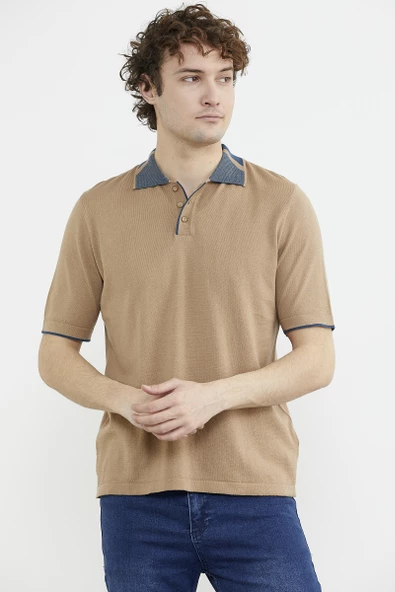 Pamuk Polo Yaka Kısa Kol Triko Tişört - Kamel - Resim 2