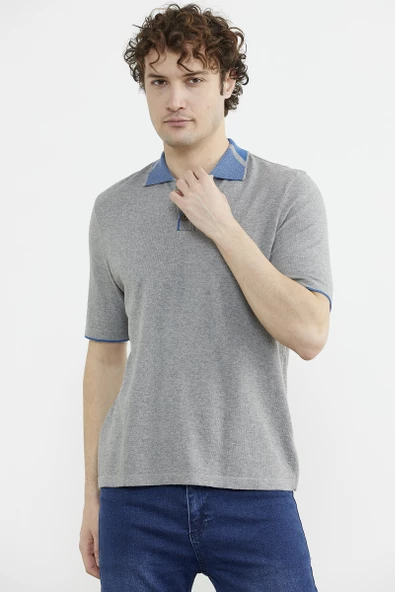 Pamuk Polo Yaka Kısa Kol Triko Tişört - Gri - Resim 4