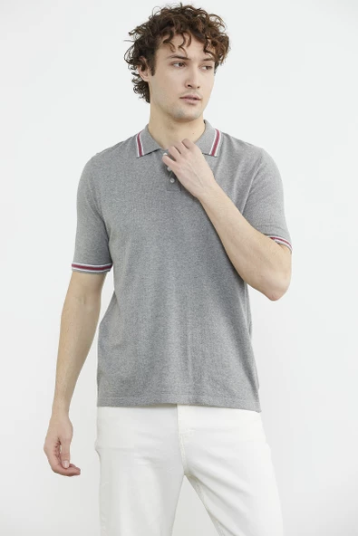 Polo Yaka Kısa Kol Pamuk Triko Tişört - Gri - Resim 4