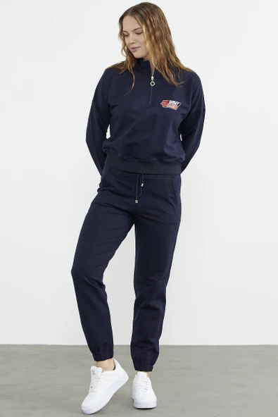 Jogger Dik Yaka Eşofman Takım - Lacivert - Resim 3