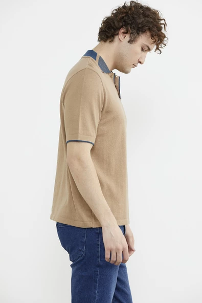 Pamuk Polo Yaka Kısa Kol Triko Tişört - Kamel - Resim 4
