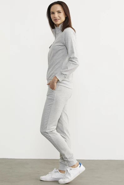 Fermuarlı Jogger Eşofman Takım - Gri - Resim 5