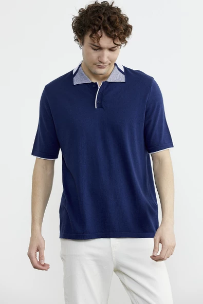 Pamuk Polo Yaka Kısa Kol Triko Tişört - Lacivert - Resim 4