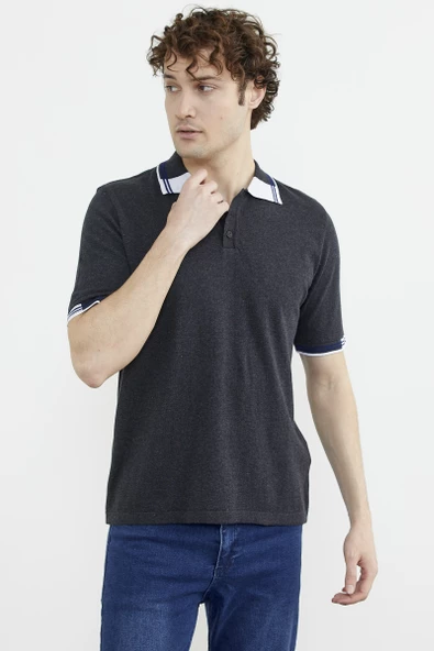 Polo Yaka Kısa Kol Triko Tişört - Antrasit - Resim 4