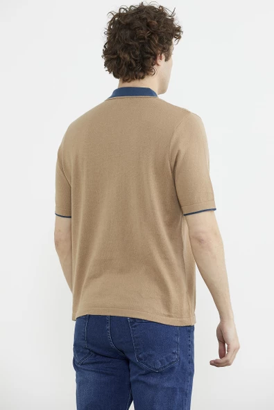 Pamuk Polo Yaka Kısa Kol Triko Tişört - Kamel - Resim 5