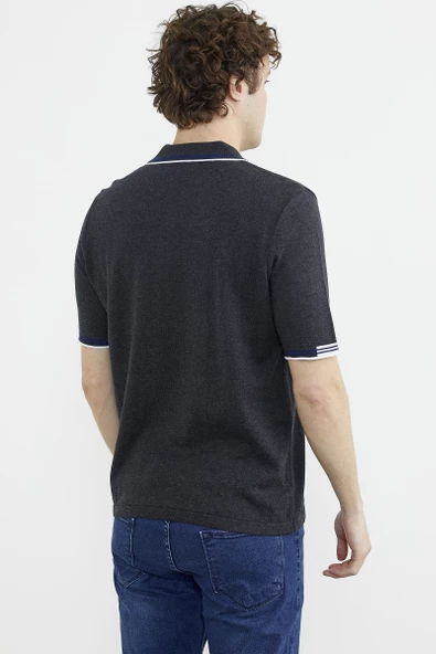 Polo Yaka Kısa Kol Triko Tişört - Antrasit - Resim 6