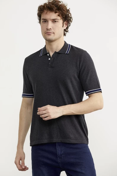 Polo Yaka Kısa Kol Pamuk Triko Tişört - Antrasit - Resim 3