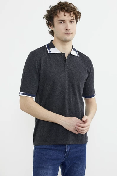 Polo Yaka Kısa Kol Triko Tişört - Antrasit - Resim 2