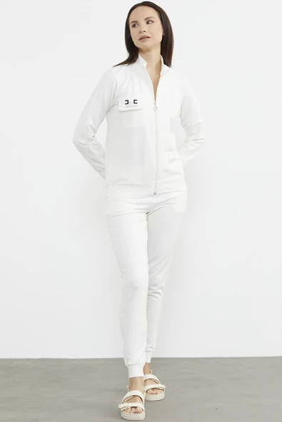 Fermuarlı Jogger Eşofman Takım - Ekru - Resim 3