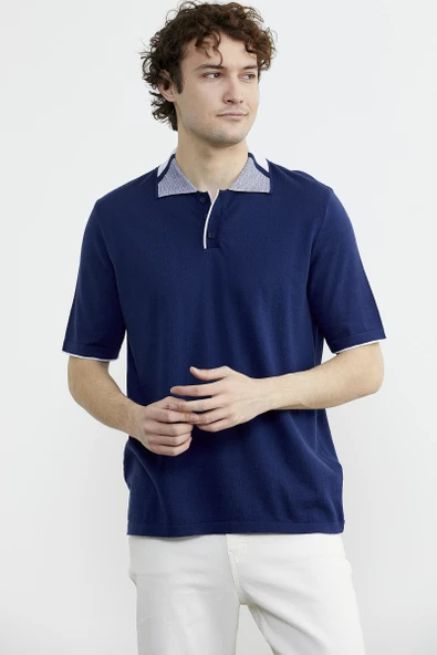 Pamuk Polo Yaka Kısa Kol Triko Tişört - Lacivert - Resim 2