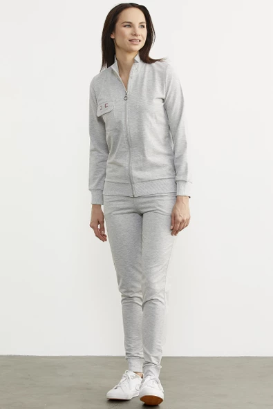 Fermuarlı Jogger Eşofman Takım - Gri - Resim 2