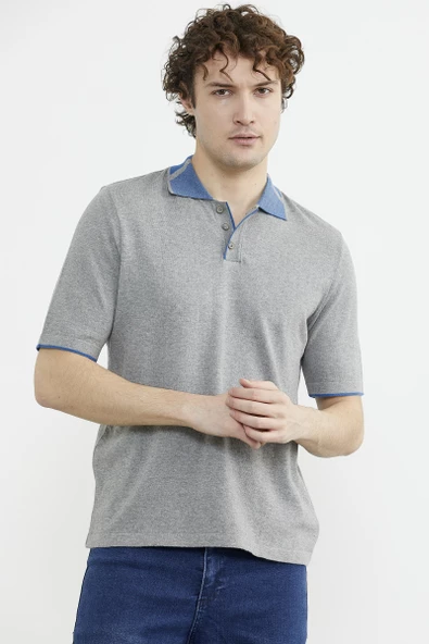 Pamuk Polo Yaka Kısa Kol Triko Tişört - Gri - Resim 3