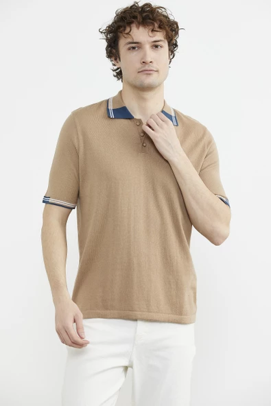 Polo Yaka Kısa Kol Triko Tişört - Kamel - Resim 2