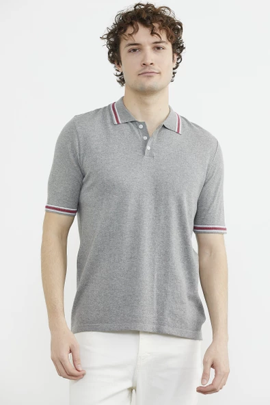 Polo Yaka Kısa Kol Pamuk Triko Tişört - Gri ürün görseli 1