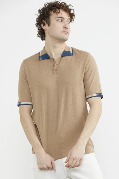 Polo Yaka Kısa Kol Triko Tişört - Kamel - Resim 4