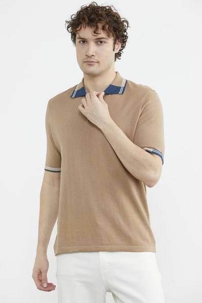 Polo Yaka Kısa Kol Triko Tişört - Kamel - Resim 3