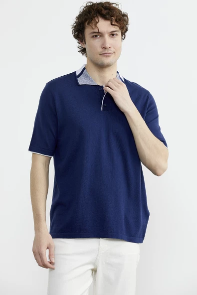 Pamuk Polo Yaka Kısa Kol Triko Tişört - Lacivert - Resim 3