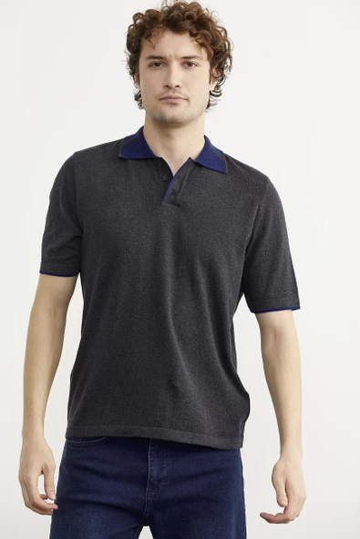 Pamuk Polo Yaka Kısa Kol Triko Tişört - Antrasit ürün görseli 1