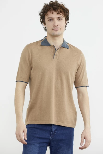 Pamuk Polo Yaka Kısa Kol Triko Tişört - Kamel ürün görseli 1