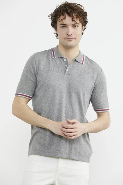 Polo Yaka Kısa Kol Pamuk Triko Tişört - Gri - Resim 3