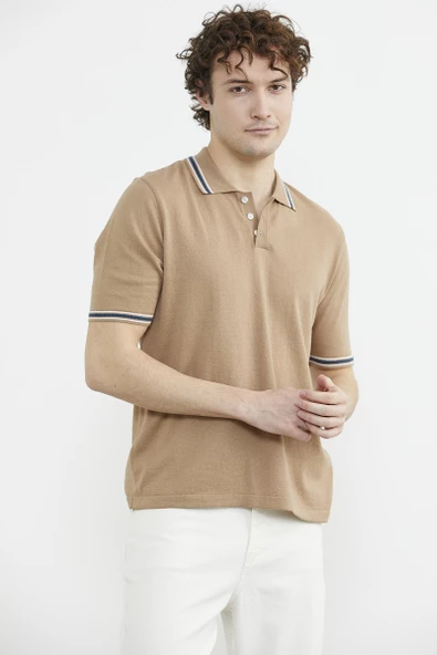 Polo Yaka Kısa Kol Pamuk Triko Tişört - Kamel - Resim 4