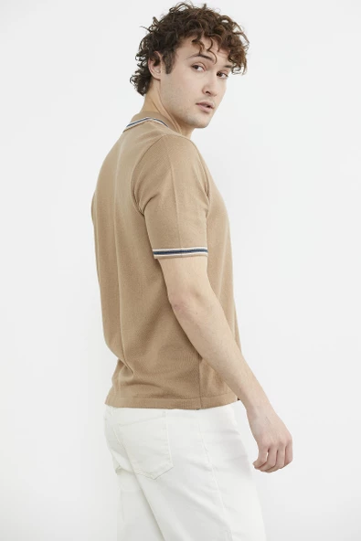 Polo Yaka Kısa Kol Pamuk Triko Tişört - Kamel - Resim 5