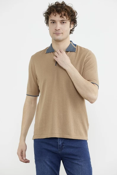 Pamuk Polo Yaka Kısa Kol Triko Tişört - Kamel - Resim 3
