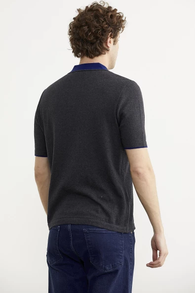 Pamuk Polo Yaka Kısa Kol Triko Tişört - Antrasit - Resim 5