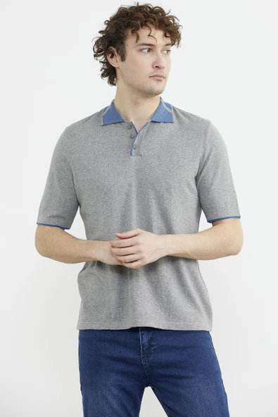 Pamuk Polo Yaka Kısa Kol Triko Tişört - Gri - Resim 2