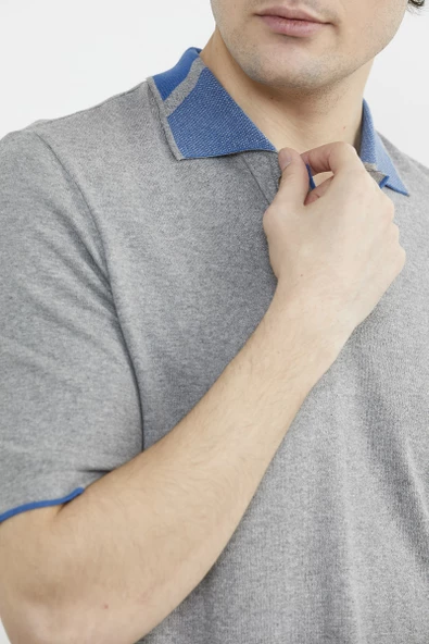 Pamuk Polo Yaka Kısa Kol Triko Tişört - Gri - Resim 5