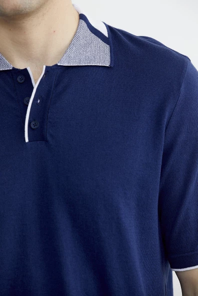 Pamuk Polo Yaka Kısa Kol Triko Tişört - Lacivert - Resim 5