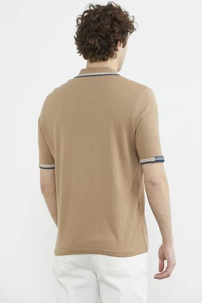 Polo Yaka Kısa Kol Triko Tişört - Kamel - Resim 6