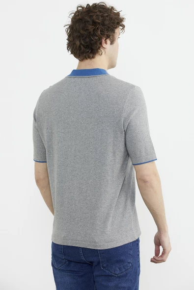 Pamuk Polo Yaka Kısa Kol Triko Tişört - Gri - Resim 6