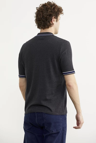 Polo Yaka Kısa Kol Pamuk Triko Tişört - Antrasit - Resim 5