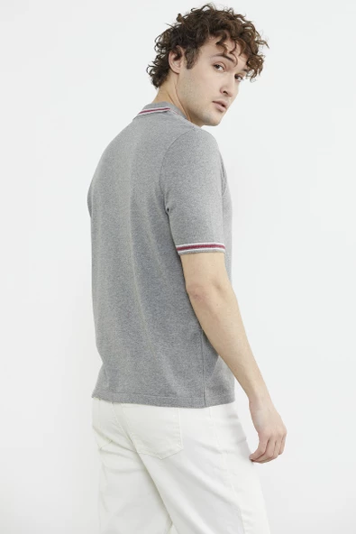 Polo Yaka Kısa Kol Pamuk Triko Tişört - Gri - Resim 5