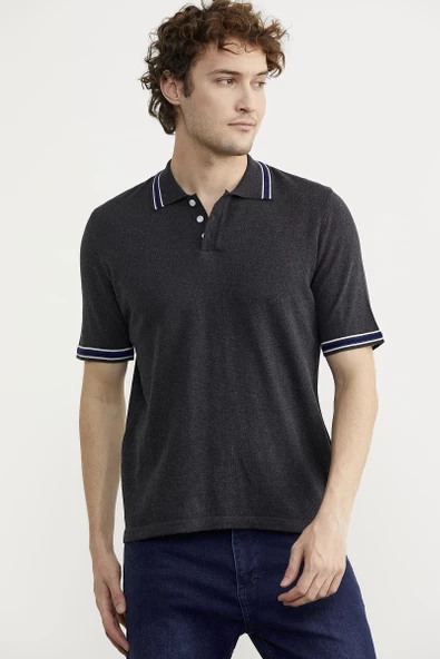 Polo Yaka Kısa Kol Pamuk Triko Tişört - Antrasit - Resim 4