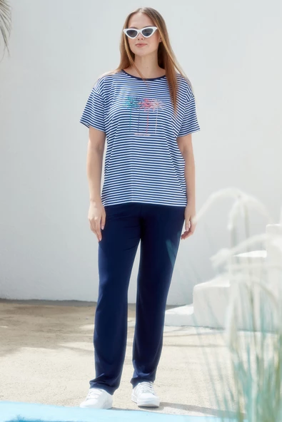 Sıfır Yaka Nakış Detaylı Çizgili Penye Takım - Lacivert ürün görseli