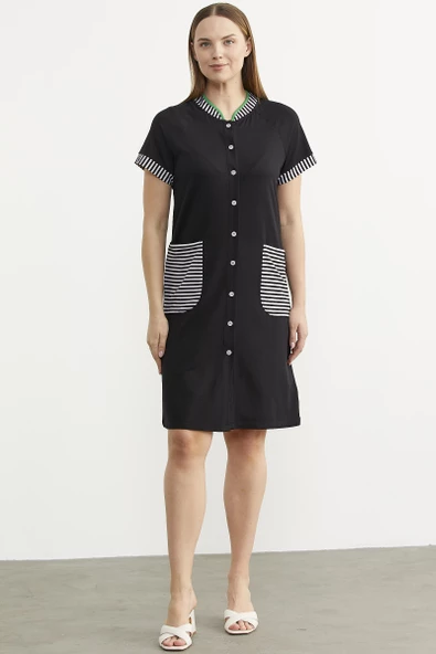 Marine Detaylı Düğmeli Penye Elbise - Siyah