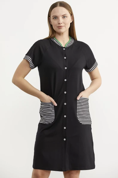 Marine Detaylı Düğmeli Penye Elbise - Siyah - 3