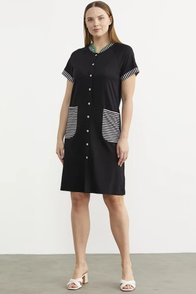 Marine Detaylı Düğmeli Penye Elbise - Siyah - 2