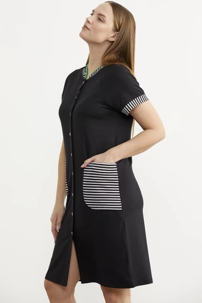 Marine Detaylı Düğmeli Penye Elbise - Siyah - 4