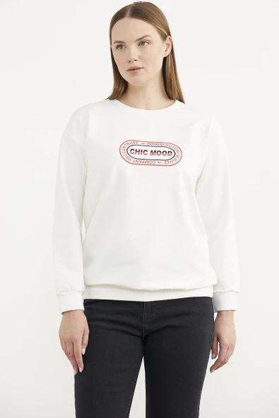 Baskılı Oversize Basic Sweatshirt - Ekru - Resim 3