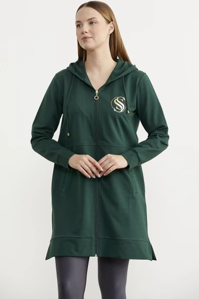 Taş Detaylı Kapüşonlu Tunik Sweatshirt - Yeşil - 2