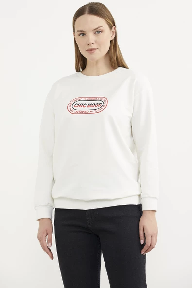 Baskılı Oversize Basic Sweatshirt - Ekru - Resim 2
