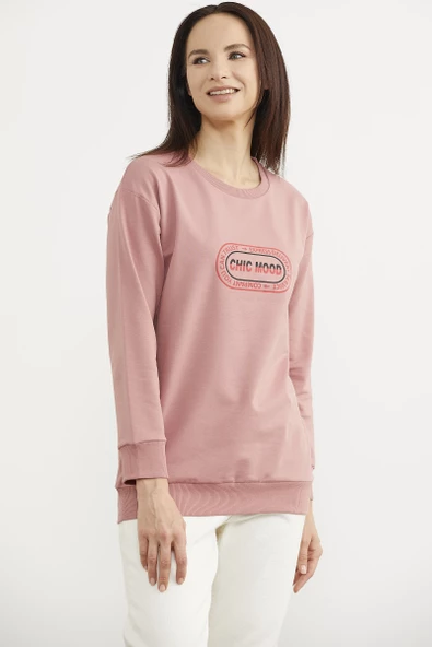 Baskılı Oversize Basic Sweatshirt - Gül Kurusu - 3