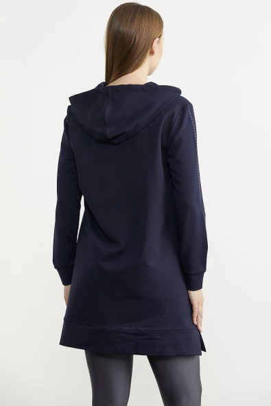 Taş Detaylı Kapüşonlu Tunik Sweatshirt - Lacivert - 6