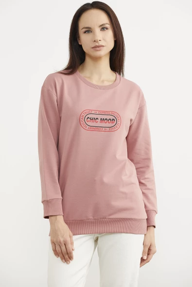 Baskılı Oversize Basic Sweatshirt - Gül Kurusu