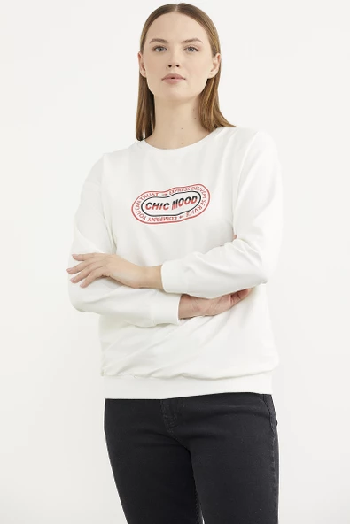 Baskılı Oversize Basic Sweatshirt - Ekru - Resim 5