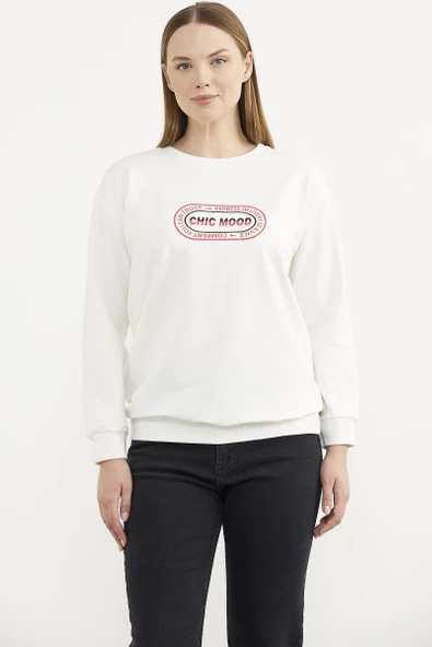 Baskılı Oversize Basic Sweatshirt - Ekru
