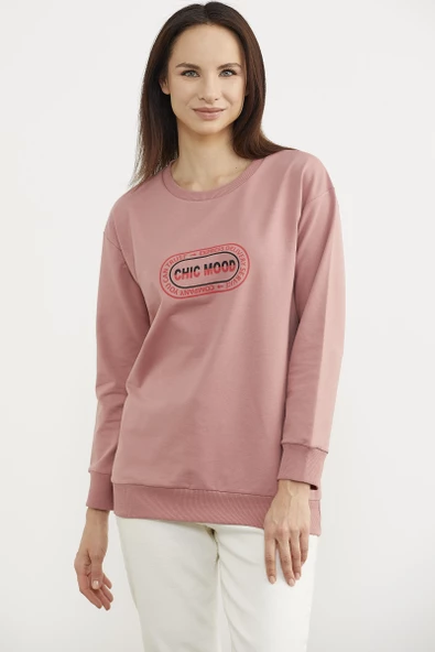 Baskılı Oversize Basic Sweatshirt - Gül Kurusu - 2
